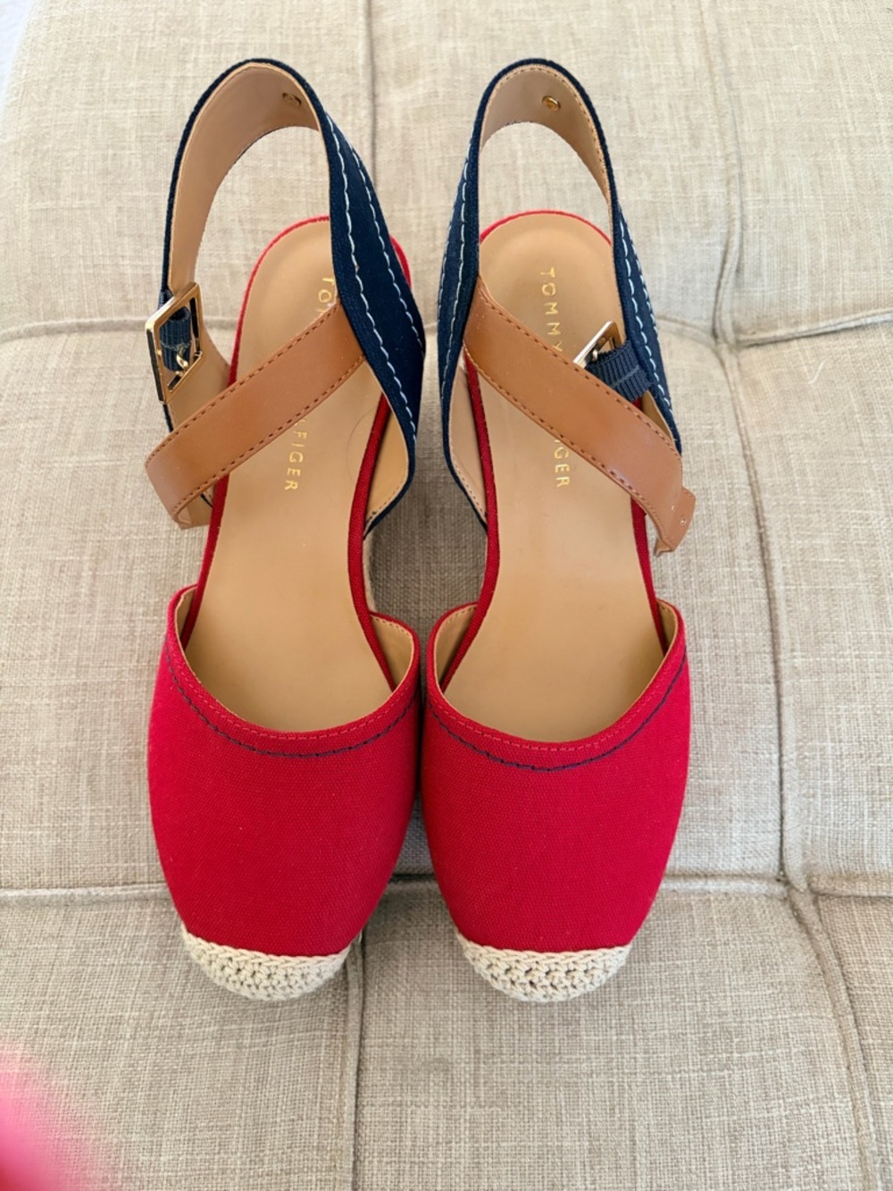 Tommy Hilfiger Red Canvas Espadrille Slingback with Navy and Tan Straps